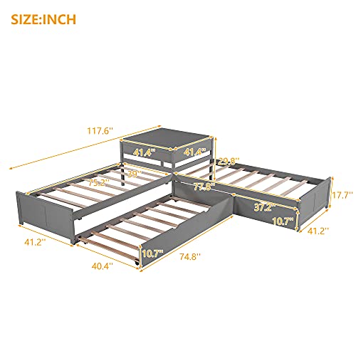 Harper & Bright Designs L-Shaped Corner Platform Beds with Trundle, Wood Double Twin Size Beds with 2 Drawers, Built-in Table for Family Kids Teens Bedroom Furniture (Grey)