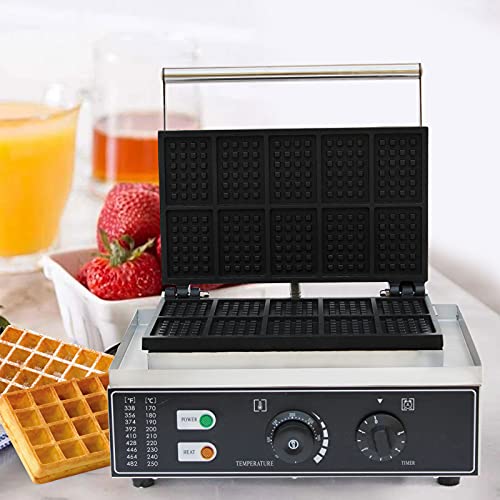 Commercial Belgian Waffle Maker Machine, Adjustable Temperature & Time Control, Stainless Steel Square Pancake Baking Nonstick Plates
