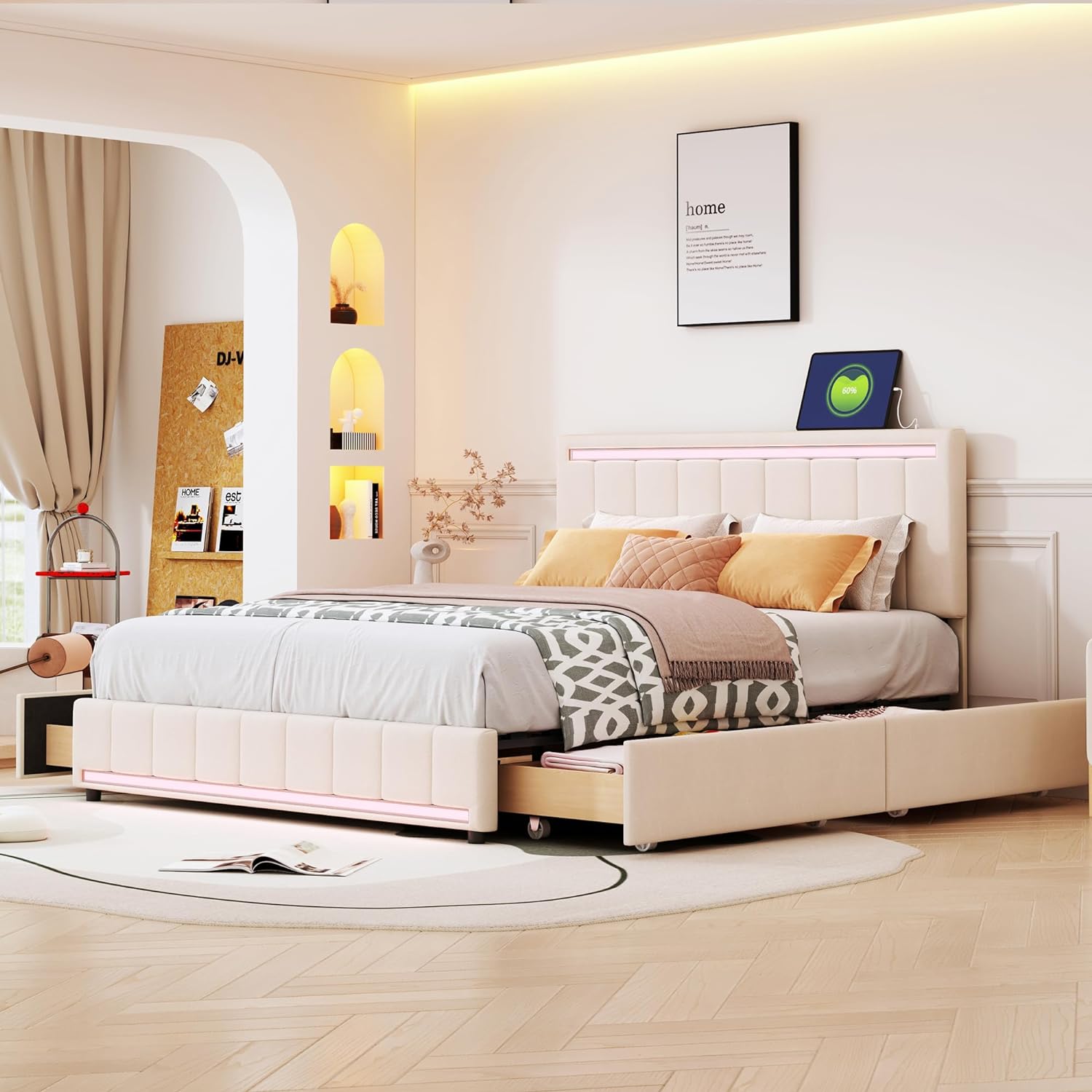 Queen LED Bed Frame With 4 Storage Drawers And USB Ports ,Modern Platform Bed Frame With LED Headboard And Footboard ,Linen Upholstered Storage Queen Bed,No Box Spring Needed,Beige