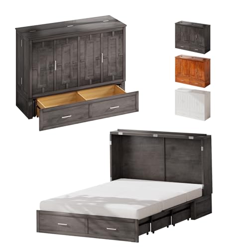 PUREMIND Queen Murphy Bed Cabinet with 2 Storage Drawers, Hideaway Murphy Chest Bed with Mattress, Cabinet Beds Wallbed with USB Charging Station for Bedroom, Guest Room