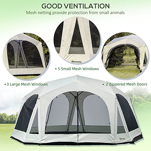 Outsunny Large Camping Tent with 10 Person Floorspace, Rain Cover & Breathable Mesh Roof, Cabin Tent 8 Person Size, Big Family Tent Camping Accessory