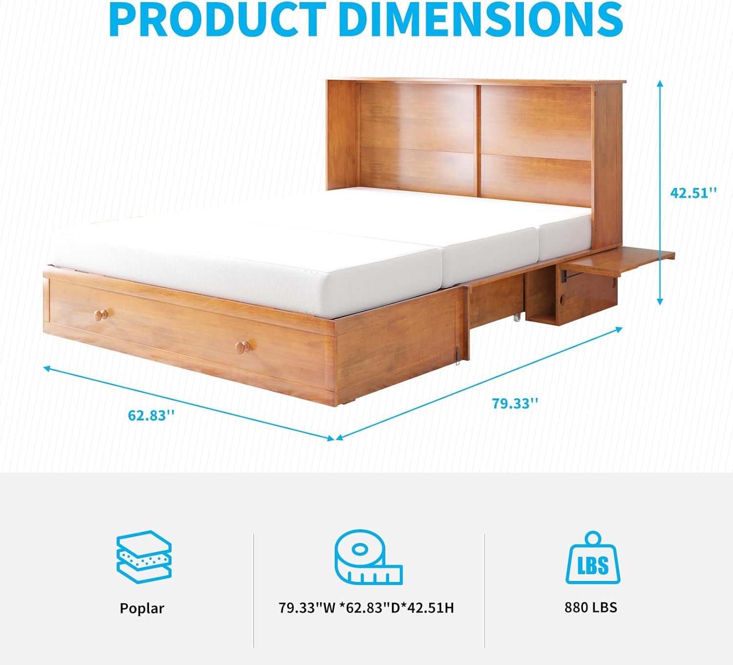 MUZZ Queen Size Cabinet Murphy Bed, Murphy Bed with Foldable Foam Mattress, Space-Saving Cube Murphy Bed with Charging Station and Large Storage Drawer (Cherry)