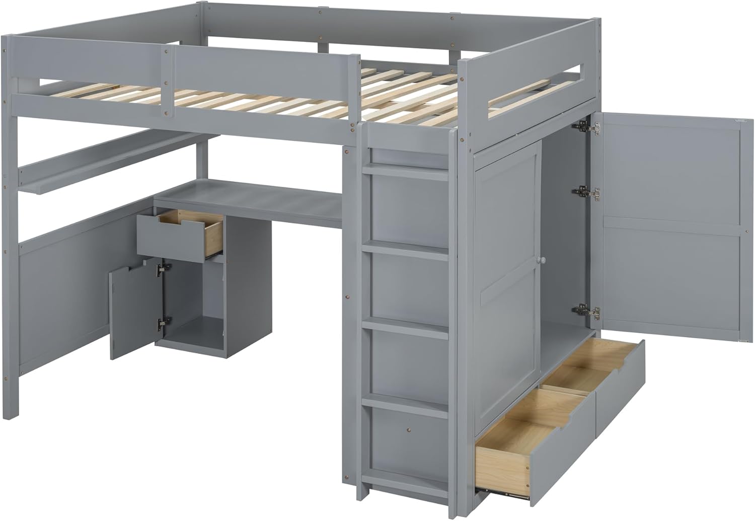 Full Size Loft Bed with Built-in Wardrobe and Underbed Study Desk, Modular Design Wood Loft Bed w/Storage Shelves, Ladder and Safety Guardrail for Kids Teens, No Box Spring Needed, Gray