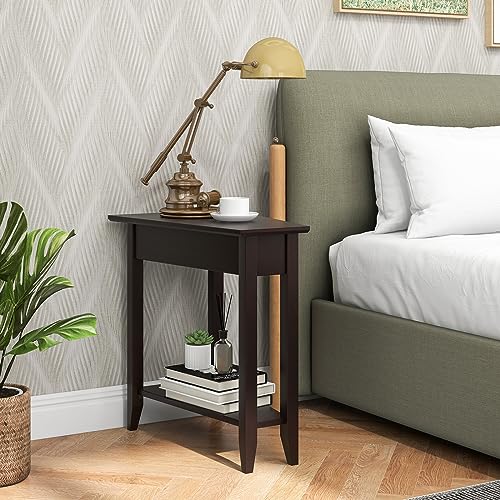 GOFLAME 2-Tier Wedge End Table Set of 2, Narrow Triangle Side Table with Storage Shelf, Solid Wood Legs, Nightstand, Recliner Wedge Table for Living Room, Bedroom, Small Space, White