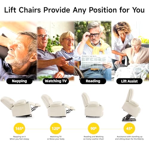 Large Power Lift Chairs Recliners for Elderly with Heated and Massage, Overstuffed Adjustable Lift Chairs, 3 Positions, Breathable Leather, USB-A and USB-C, Cup Holder, Side Pocket Dark Brown