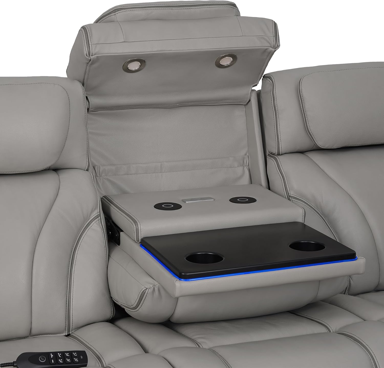 Armen Living Octavia Modern Zero Gravity Power Reclining Heated Massage Sofa, 86" Wide, Silver and Gray Top Grain Leather