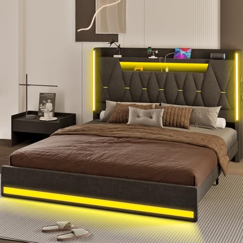 King LED Bed Frame with Hidden Storage and 2-Tier Storage Shelvs Headboard,Bed Frame with Charging Station and LED Lights,No Box Spring Needed, Dark Gray Linen Cloth