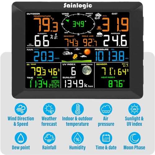 Sainlogic Home10-in-1 WiFi Smart Weather Station with Outdoor 7-in-1 Sensor, Internet Wireless Weather Station Remote Monitoring System, 8.3 Inch Color Display with Rain Gauge, Temperature