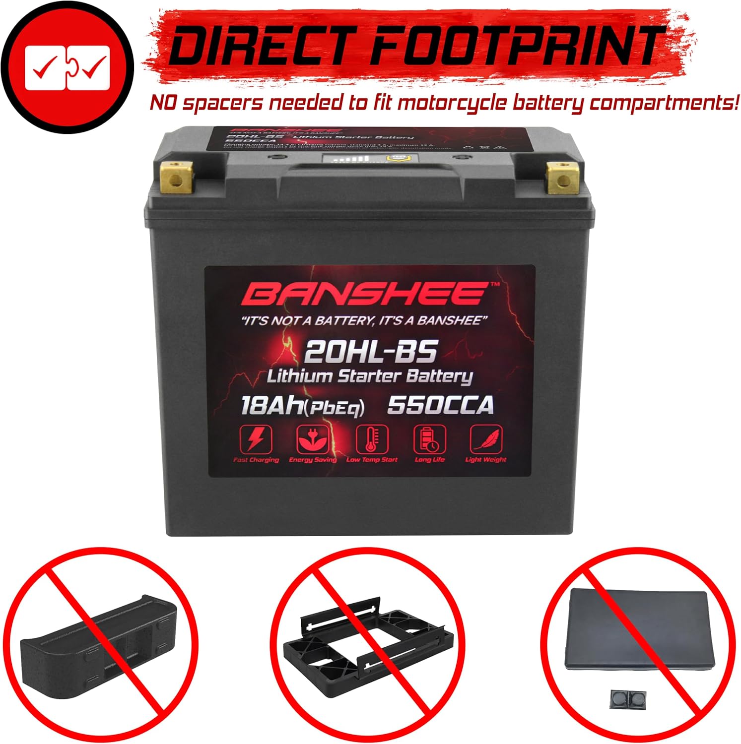 Banshee Lithium Motorcycle Powersport Battery YTX20L-BS 12.8V 18AH 550 CCA with BMS - Engine Start Battery with 2500-8000 Life Cycles - Ideal for Starting Batteries
