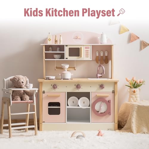 ROBUD Play Kitchen Set, Wooden Play Kitchen with Ice Maker, Fridge, Coffee Machine, Oven, Dishwasher, Microwave, Kitchen Accessories, Toy Kitchen Gift for Boys Girls, 3+