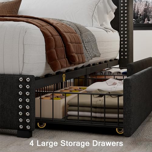 Upholstered Queen Bed Frame with 4 Storage Drawers, Platform Bed Frame with Charging Station, Modern Geometric Wingback Headboard, No Box Spring Needed, Easy Assembly, Light Grey