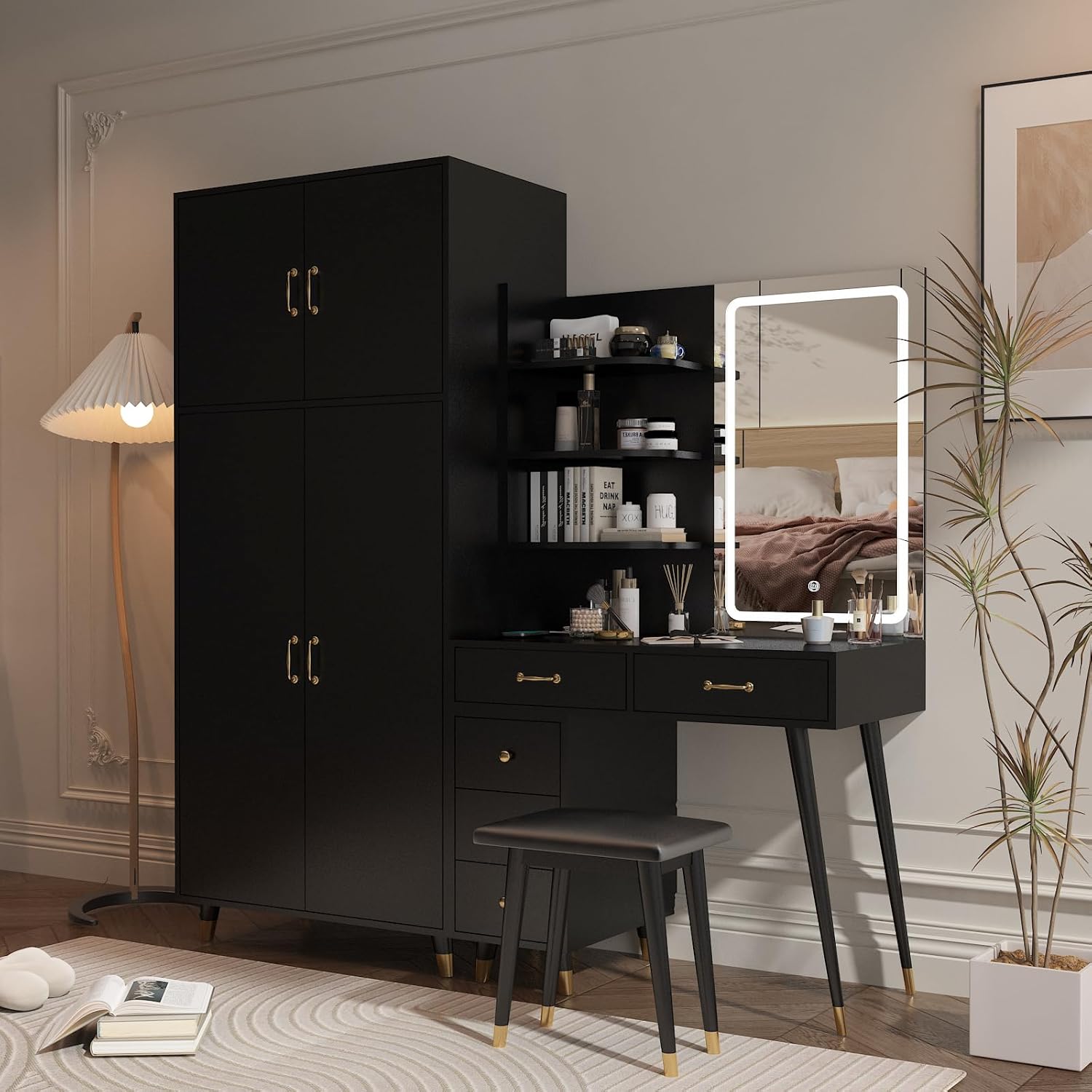 Black Makeup Vanity Desk with 4 Door Bedroom Closet, Lights Mirror, Black Vanity Table and Stool Set, Dressing Table with Armoire Wardrobe Set, Vanity Desk and Tall Storge Cabinet 170 x 50 x 185CM