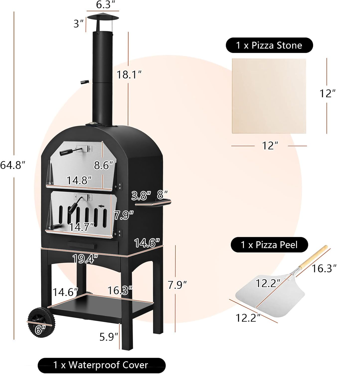 COSTWAY Outdoor Pizza Oven, Wood Fired Pizza Oven for Outside, Patio Pizza Grill with Pizza Stone, Pizza Peel, and Waterproof Cover for Backyard Camping