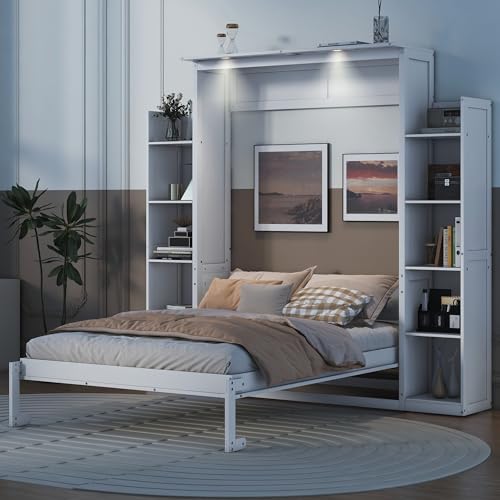Full Size Murphy Bed Wall Bed with Shelves and Led Lights, Easy Fold Wood Wall Bed, Space-Saving Murphy Bed Cabinet for Guest Room Home Office, White