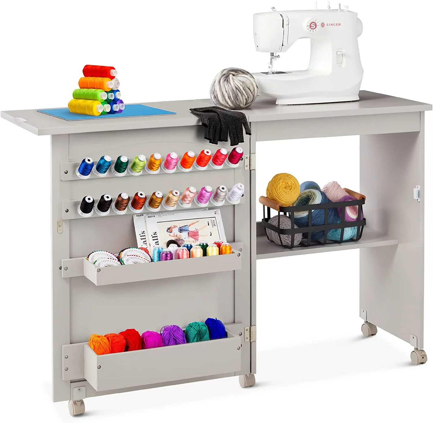 Folding Sewing Table Multipurpose Craft Station & Side Desk with Compact Design, Wheels, Shelves, Storage Trays, Pegs, Magnetic Doors, Metal Doorknobs - Gray