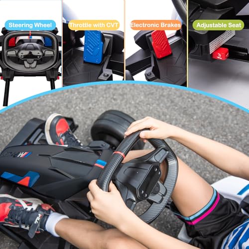 36V Electric Go Kart for Kids, Licensed BMW Battery Powered Drift Racing Go Kart, 7.5 MPH Drift Kart with Dual 300W Powerful Motor, Kids Race Pedal Go Karting Car w/Adjustable Speed, White