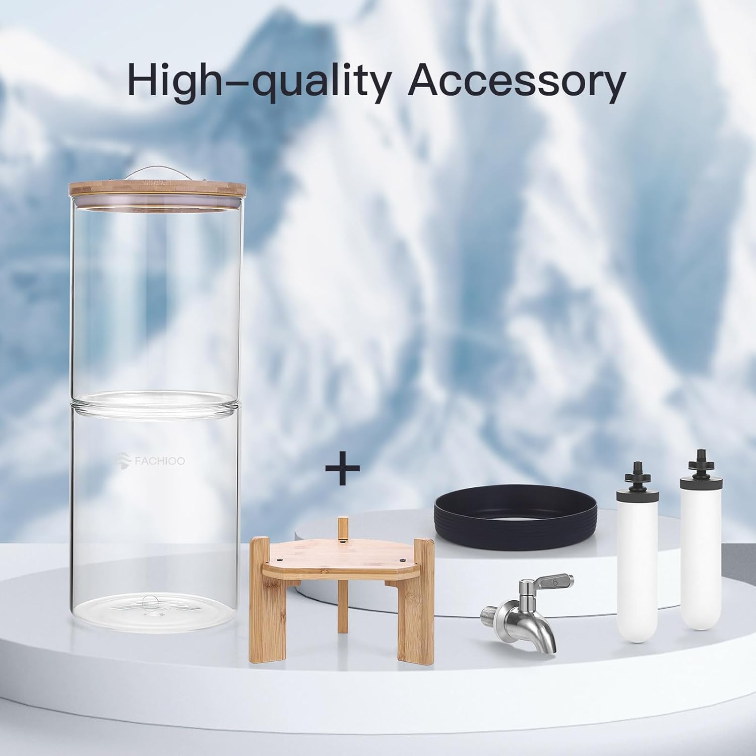 All Glass Gravity-fed Water Filter System, 2.25-Gallon All Glass Water Purifier with 4 Filters (2 Black Filter, 2 Ceramic Filter, 7 Inch Stand, Protective Sleeve), Reduces 99% Chlorine