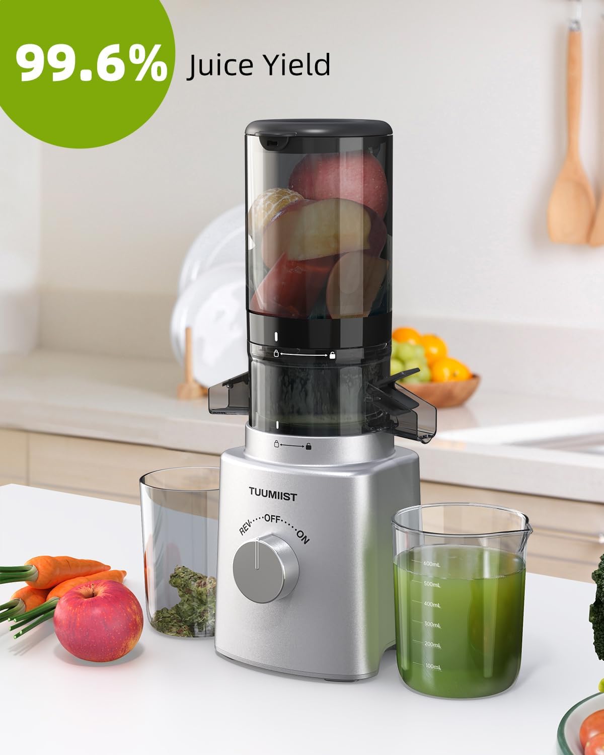 Juicer Machines, TUUMIIST Cold Press Juicer with 4.25'' Large Feed Chute Fit Whole Vegetable And Fruit, Masticating Juicer Easy To Clean, BPA Free(Silvery)