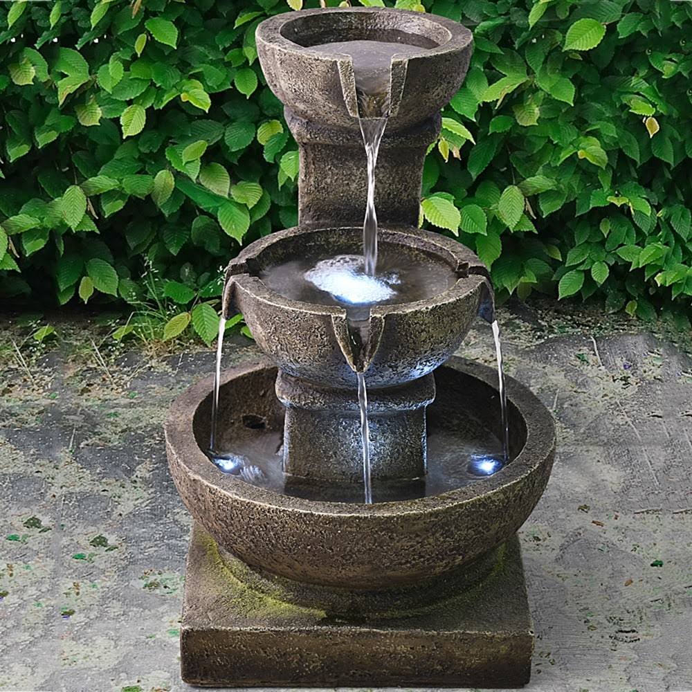 Outdoor Cascading Waterfall Fountain w/LED Light Home Water Fountain - Polyresin - Floor/Lighted - Grey