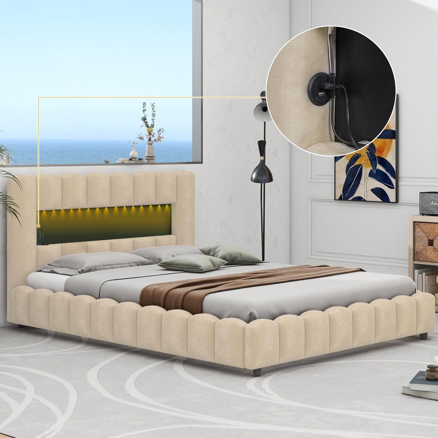Harper & Bright Designs Grounded Upholstered Queen Bed with Lift Up Storage,Queen LED Bed Frame with USB Charging, Lift-Up Storage Bed Queen for Teens Adults,Linen Fabric,No Box Spring Needed,Beige