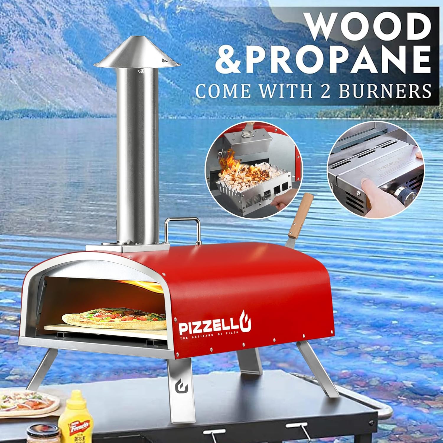 16" Outdoor Pizza Oven Propane and Wood Fired Multi-fuel Large Stainless Steel Pizza Grill with Gas Burner, Wood Tray Pizza Stone, Pizza Peel, Carry Bag (Red)