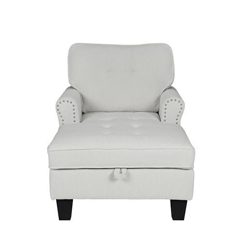 Corduroy Chaise Lounge with Storage, Indoor Sofa Bed Chair, Upholstered Lounge Chair for Bedroom, Living Room (Beige)