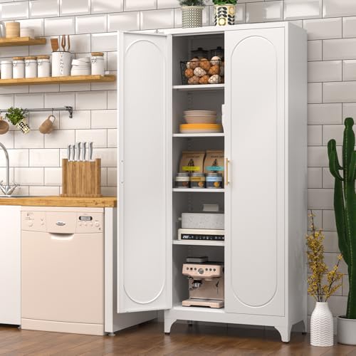 Metal Storage Cabinet with Doors and Shelves, 71 Inch Tall Kitchen Pantry Cabinet, Pantry Cabinets for Kitchen Storage, Freestanding Cupboard for Living, Dining Room, White, Assembly Required