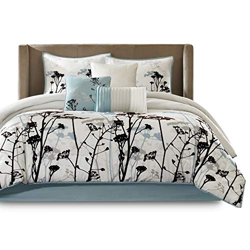 Madison Park Quincy Cozy Comforter Nature Scenery Design - All Season Bedding, Matching Bed Skirt, Decorative Pillows, Quincy, Leaf & Bird Khaki King(104"x92") 7 Piece