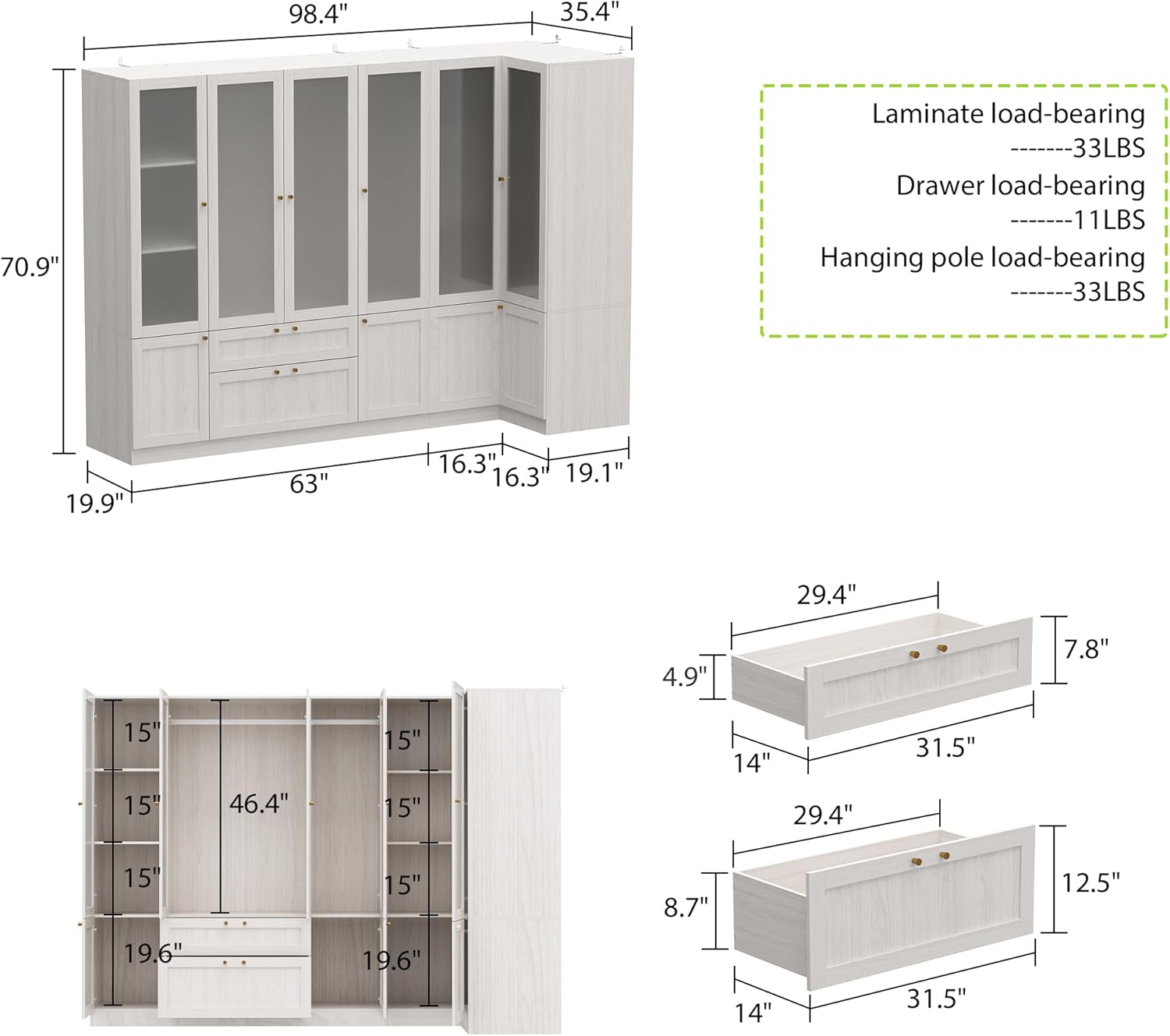 Homsee Extra Large L-Shape Armoire Wardrobe Closet with 6 Frosted Glass Doors, Hanging Bars, Shelves & Drawers, 98.4" L Wooden Closet Storage Cabinet for Bedroom, Warm Grey