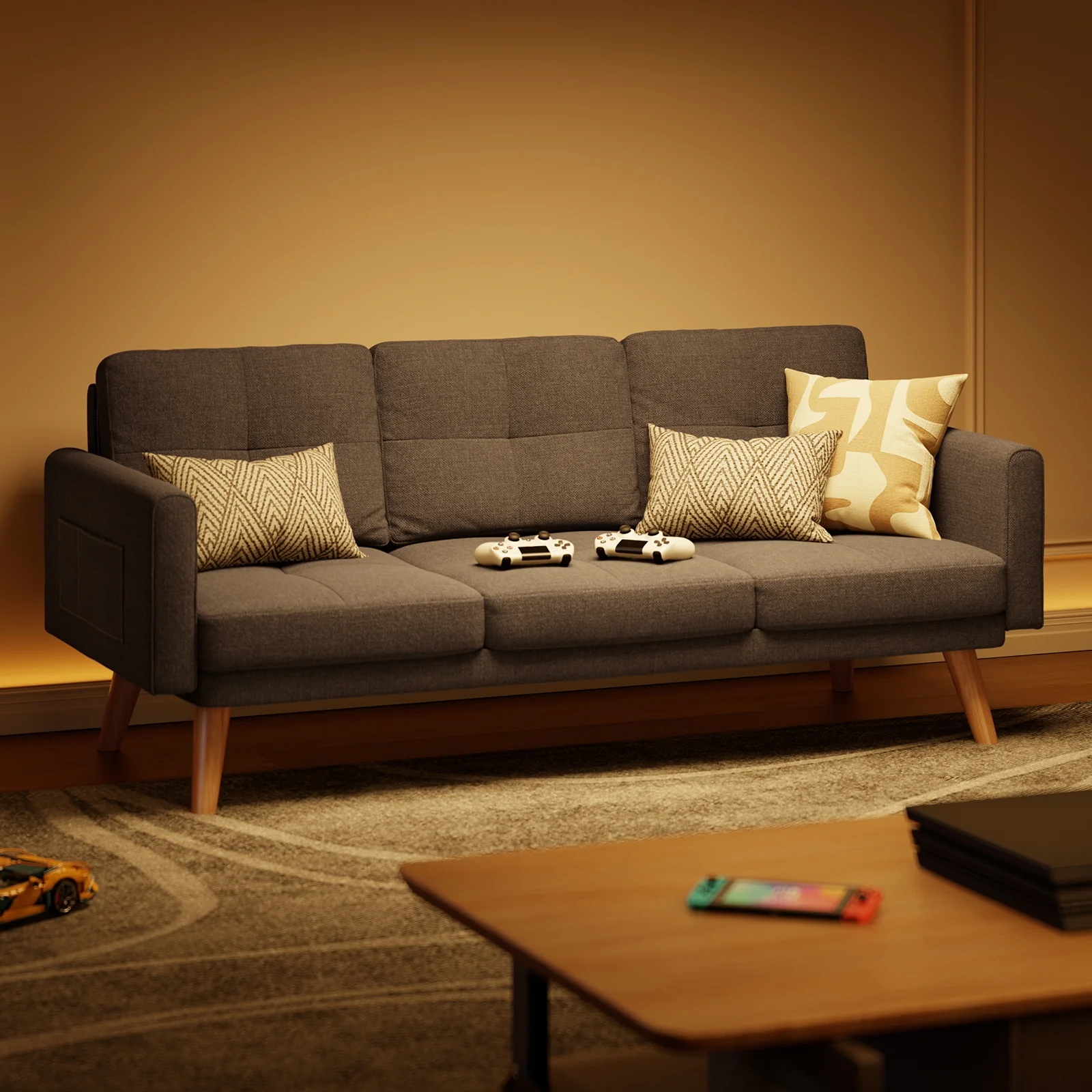 Lofka Futon Sofa Bed, Modern Sofa and Upholstered Couch with Curved Arm, Dark Gray