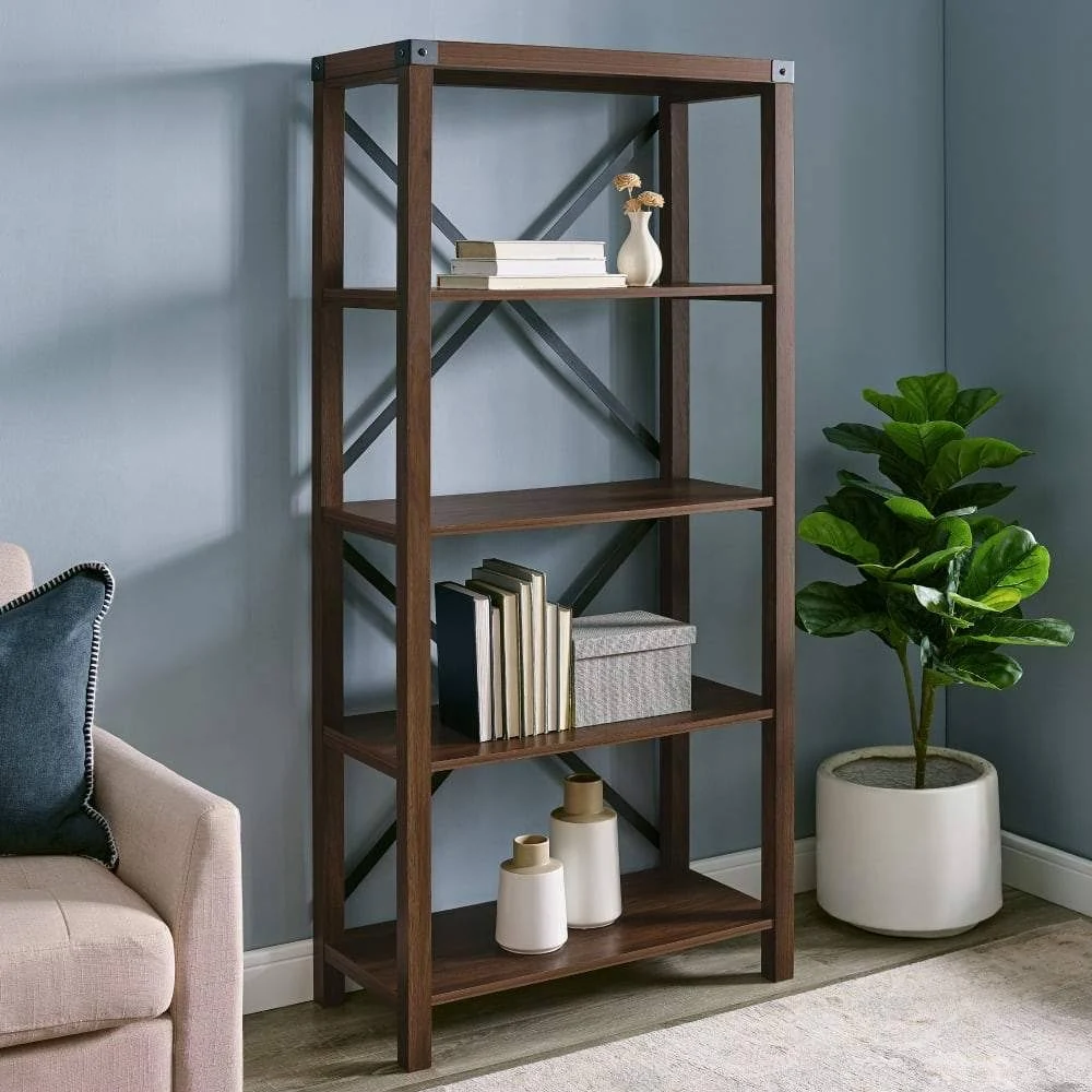 Walker Edison 64x22 Farmhouse Metal Bookcase - Dark Walnut