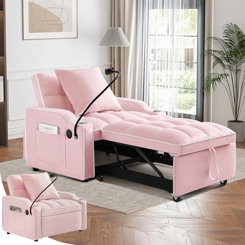 Convertible Sleeper Sofa Bed, 3 in 1 Velvet Pull Out Loveseat Couch Modern Comfy Futon Sofa with Adjustable Backrest & Phone Holder & USB Charging Space Saving for Living Room, Small Apartment, Grey