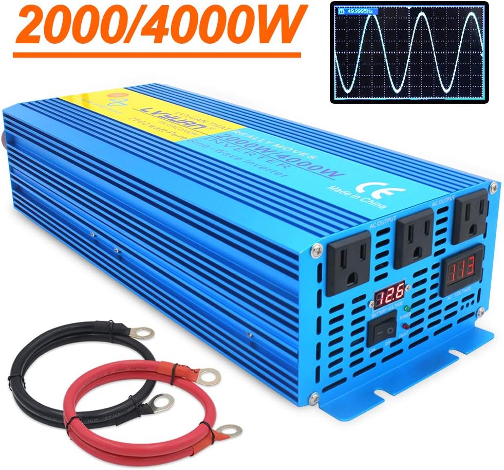Yinleader 2000W Pure Sine Wave Inverter Power Inverter Peak Power 4000W 12V DC to 110V 120V AC with LED Display 3 AC Outlets for RV Car Solar System Emergency