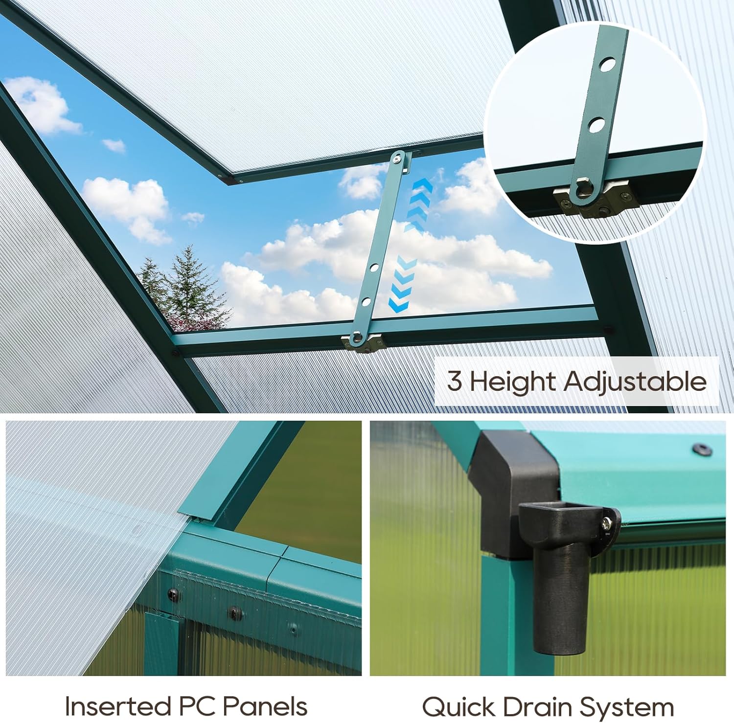 Aluminum Greenhouse for Outdoors 6'x 8', Polycarbonate Green Greenhouse with Adjustable Roof Vent and Rain Gutter, Outdoor Hobby Greenhouses for Backyard Plants Flowers Vegetables (6’ x 8‘)