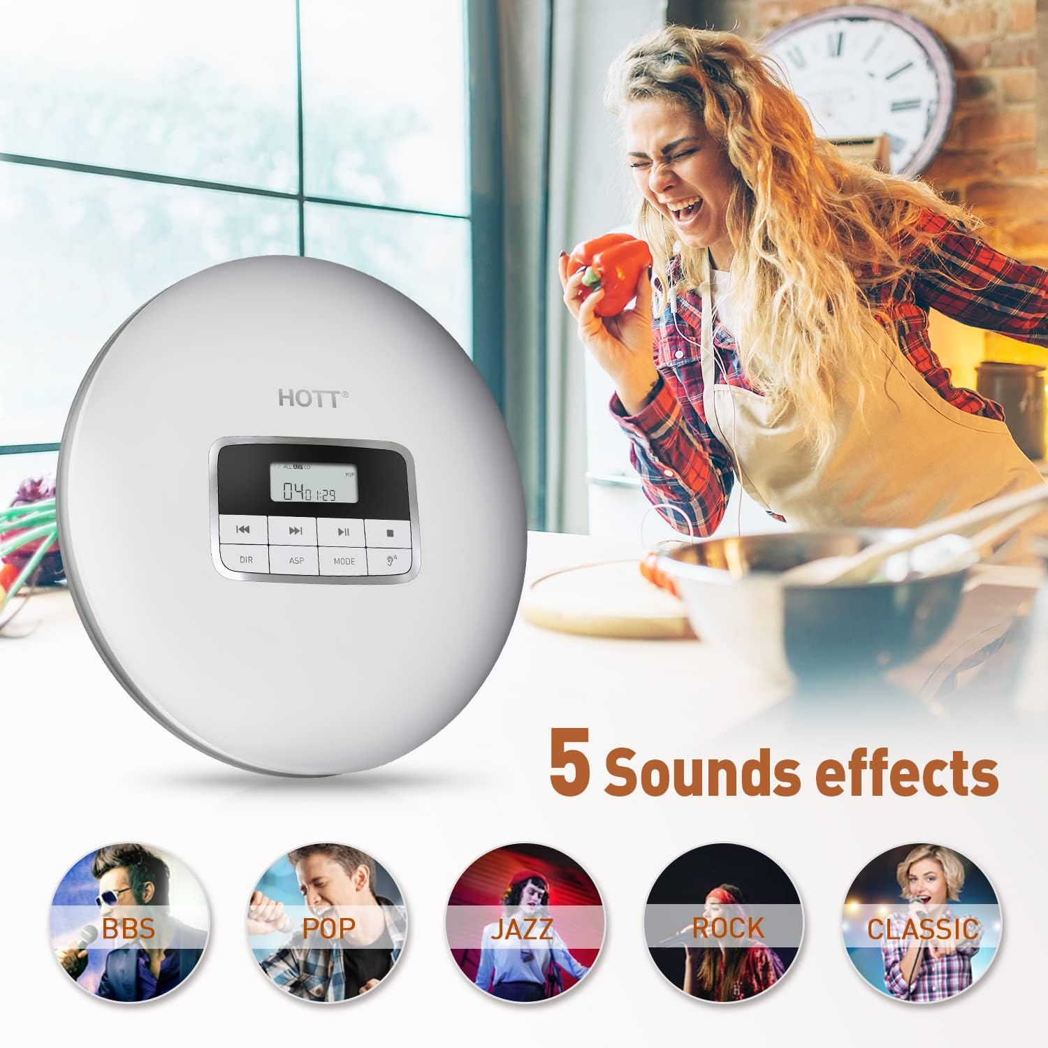 HOTT CD511 Portable CD Player，Personal Compact CD Player for Car with Anti-Skip/Shockproof Protection with Headphones and AUX Cable-Sliver