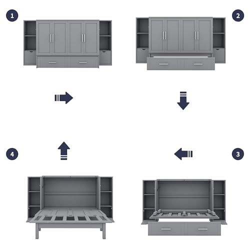 Modern Full Size Murphy Bed with Bookcase on Each Side, Solid Wood Mobile Murphy Chest Platform Bed with Drawers and USB Ports for Guest Room Home Office (White-F0)