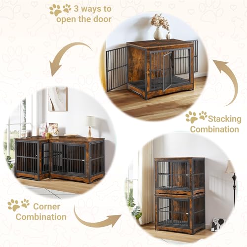 Rovibek 86" Extra Large Corner Dog Crate Furniture, Double Dog Kennel Furniture for 2 Large Dogs, Stackable Dog Crates Furniture with Removable Divider & Hidden Tray & 3 Doors