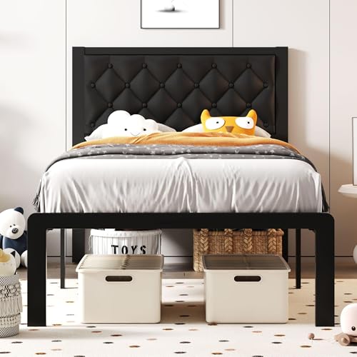 Queen Bed Frame with Headboard PU Leather Upholstered Bed Frame Platform,All Metal Slats Support Platform Bed Frame with Storage Space,Easy Assembly,Noise Free,No Box Spring Needed,Black