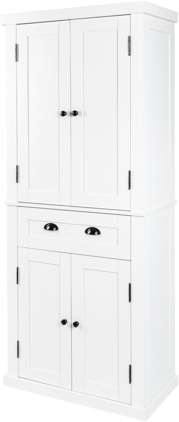 72" Kitchen Pantry Storage Cabinet, Traditional Freestanding Cupboard with 4 Doors and Adjustable Shelves, Large Central Drawer, Dining Room Storage Cabinet, White