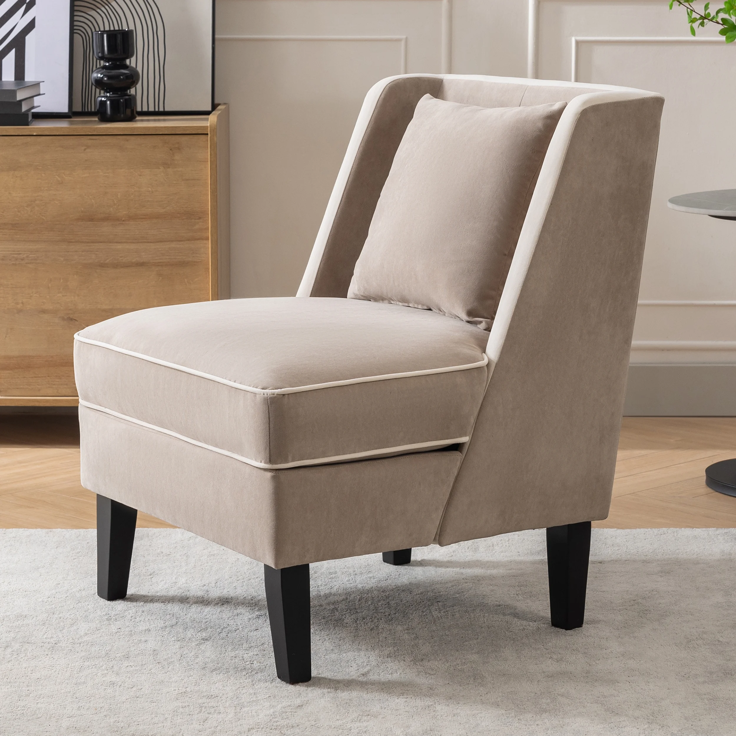 CoSoTower Velvet Upholstered Accent Chair with Cream Piping, Tan and Cream