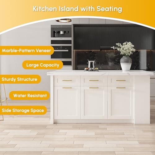homary 72'' Kitchen Islands with Storage Modern White Kitchen Table with Seating & 3 Drawers Dining Table