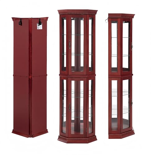 Corner Curio Cabinet Lighted Display 69.59 inch with Glass Doors & 4 Adjustable Glass Shelves & Classical Metal Handles - Perfect for Collectibles,Cherry(Light Bulbs are Included)