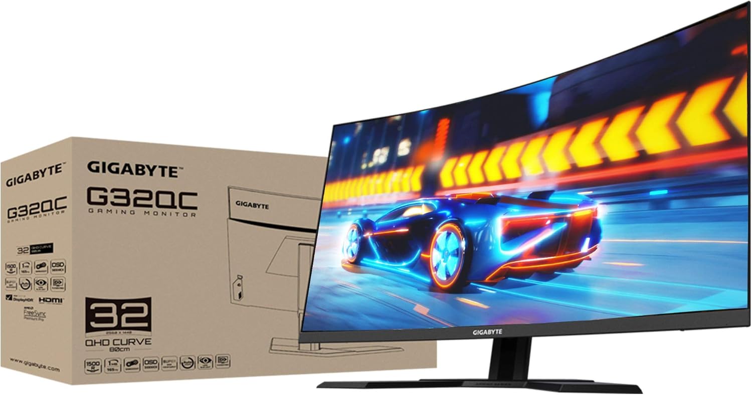 GIGABYTE G32QC 32" 165Hz 1440P Curved Gaming Monitor, 2560 x 1440 VA 1500R , 1ms (MPRT) Response Time, 94% DCI-P3, VESA Display HDR400, FreeSync Premium Pro
