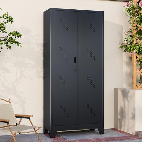Metal Storage Cabinet with Lockable Doors, 75" Steel Storage Locker Tool Cabinet with Hanging Rod & S-Hooks, Tall Garage Cabinets, Black, 75" H x 33.85" W x 16.53" D