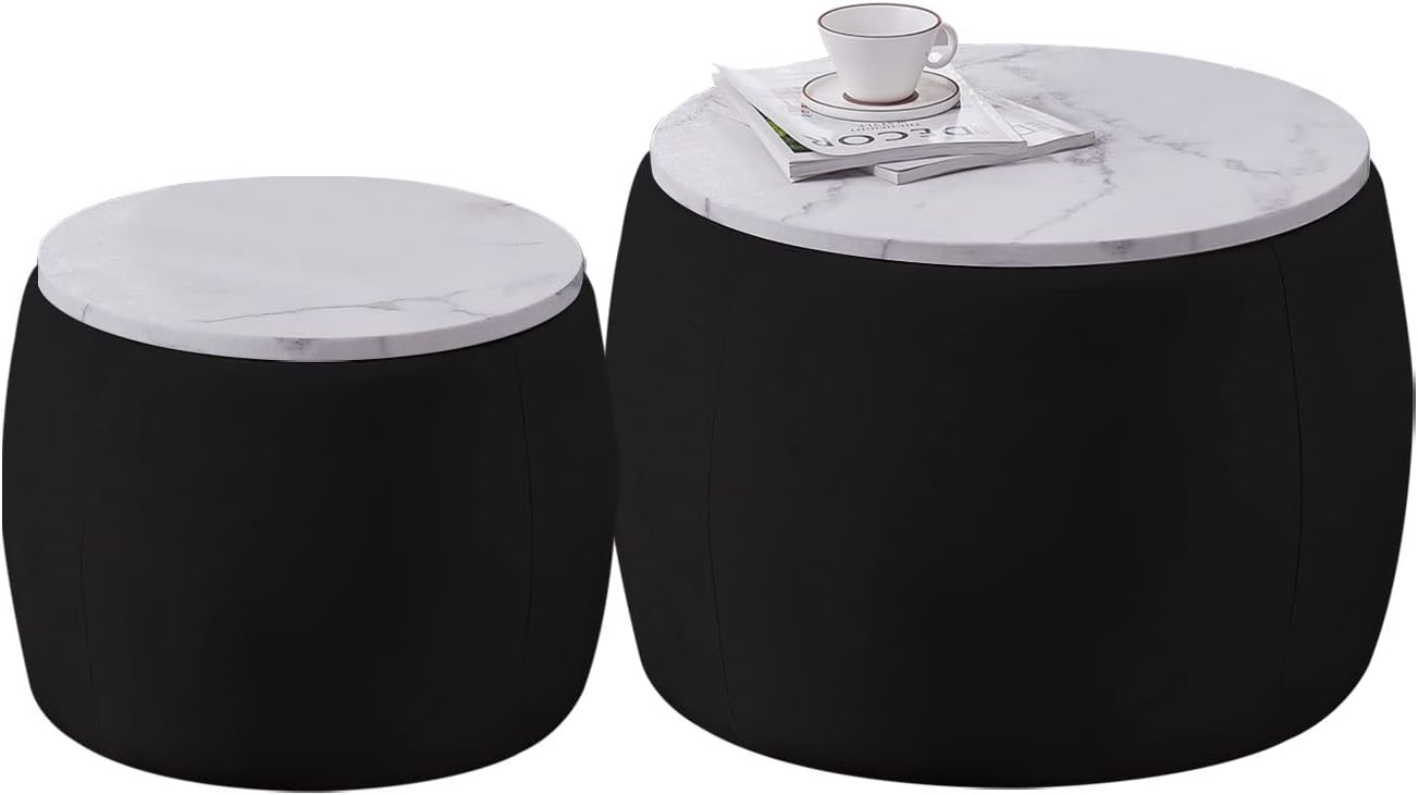 kevinplus Black Round Coffee Table Set of 2 Nesting Storage Ottoman for Living Room, Modern Circle Ottoman Coffee Table Drum Side Table End Table for Bedroom Apartment, Velvet Fabric (2-Pcs Black)