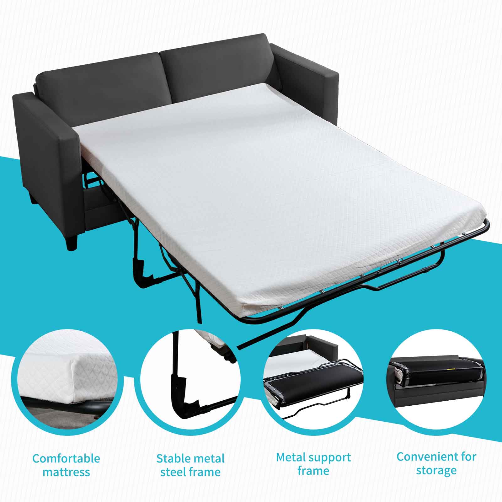 CECER Pull Out Sofa Bed, Convertible Sleeper Sofa, 2-in-1 Full Size Couch Bed with Fold Out Mattress, Leather Loveseat Daybed Futon Sofa Bed for Living Room Guestroom Office Apartment - Dark Grey