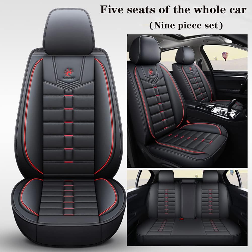 ZQY04 Seat Cover 5-Seater Full Set, Universal Type, Suitable for Most Cars, Cars, SUV, Trucks, Pickup Ttrucks, Airbags Compatible with Synthetic Leather Car Seat Cushion Protectors (Black-red)