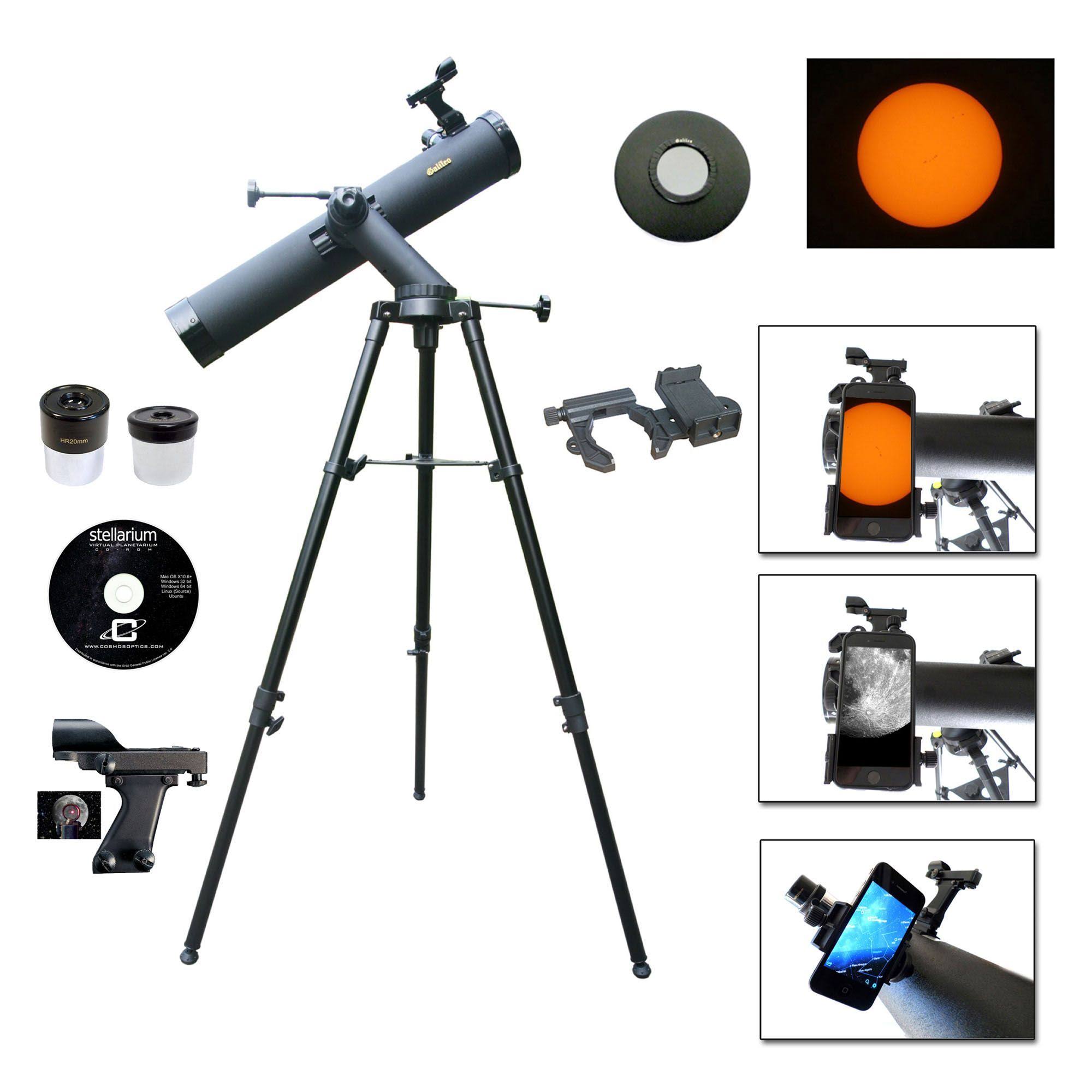 Galileo 800mm x 80mm Astronomical Reflector Telescope w/ Smartphone Adapter and Solar Filter