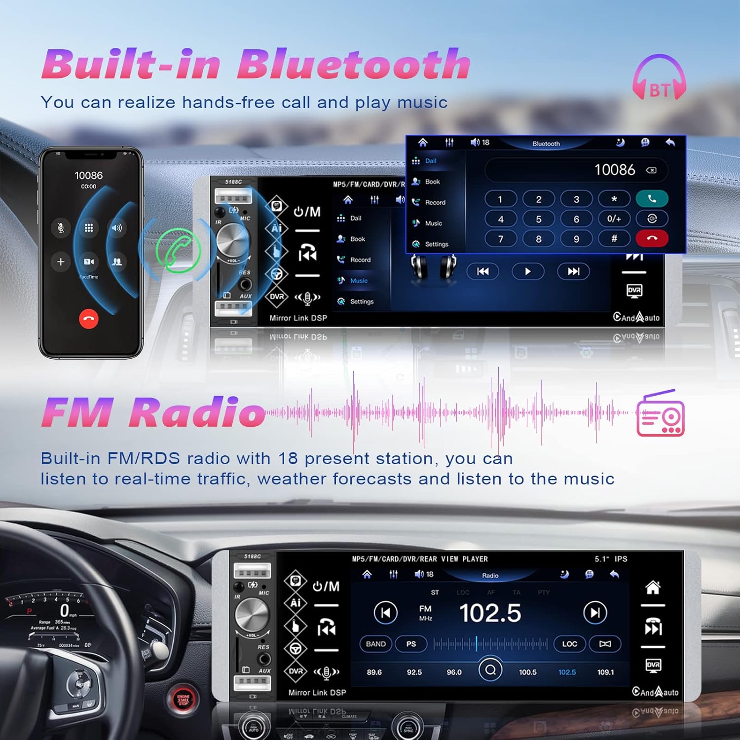 Single Din Car Stereo 5.1 Inch Touchscreen Radio with Bluetooth Voice Control Support DVR FM RDS AM Tuner, 1 Din Head Unit with USB/SD/Aux-in + Steering Wheel Control, Microphone and Backup Camera