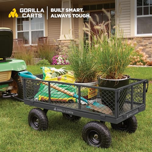 Gorilla Carts Steel Utility Cart, Garden Wagon w/Handle & Removable Sides, Up to 800 Lbs - Heavy-Duty Gardening Equipment for Yard, Lawn, and Outdoor Use